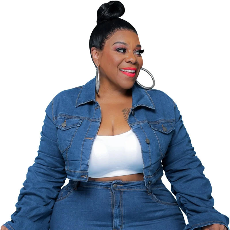 FZ Women's Plus Size Long Sleeve Denim Pant Suit