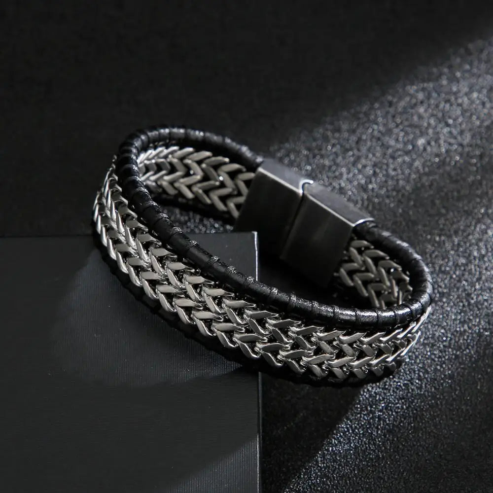 FZ Mesh Wide Stainless Steel Cowhide Leather Bracelet - FZwear