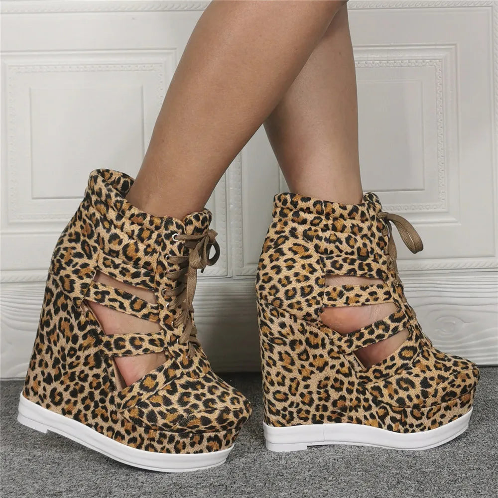 FZ Women's Cut-out Leopard Short Wedge Heel Platform High Top Sneaker Shoes