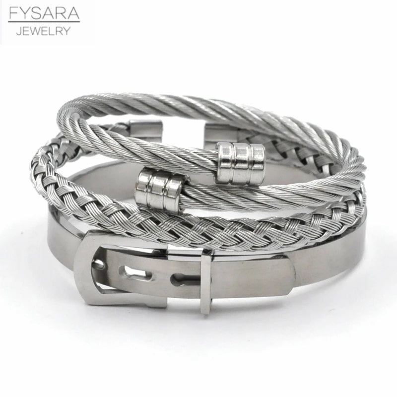 FZ 3pcs/Set Stainless Steel Cable Wire Buckle Bangles Bracelets