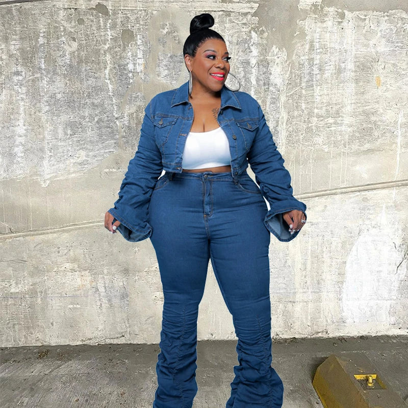FZ Women's Plus Size Long Sleeve Denim Pant Suit
