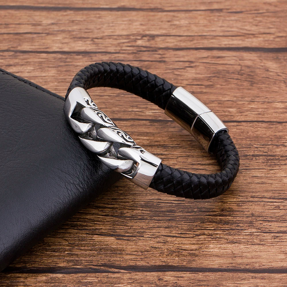 FZ Men's Leather Black Stainless Steel Magnetic Bracelet