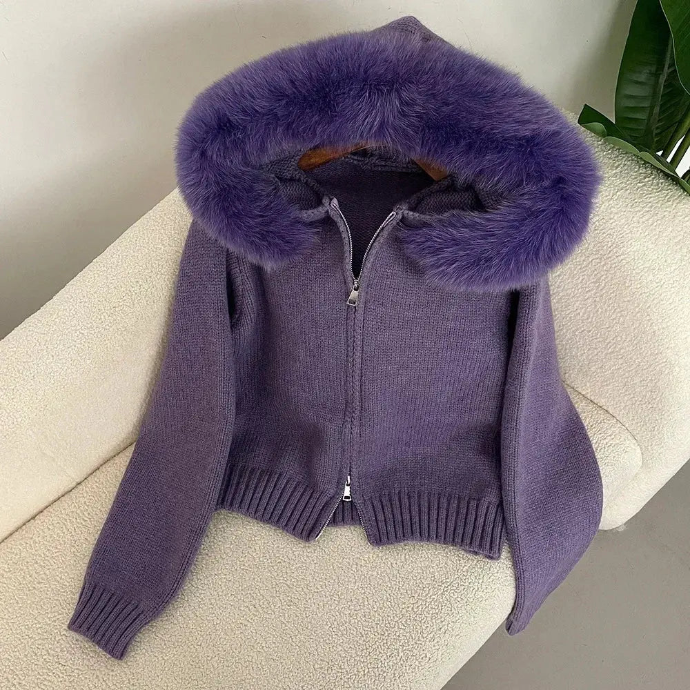 Hooded Real Fox Fur Collar Cardigan Natural Fur Coat for Women Casual Fashion Short Knitted Jacket 2024 Fashion Autumn Winter FZwear
