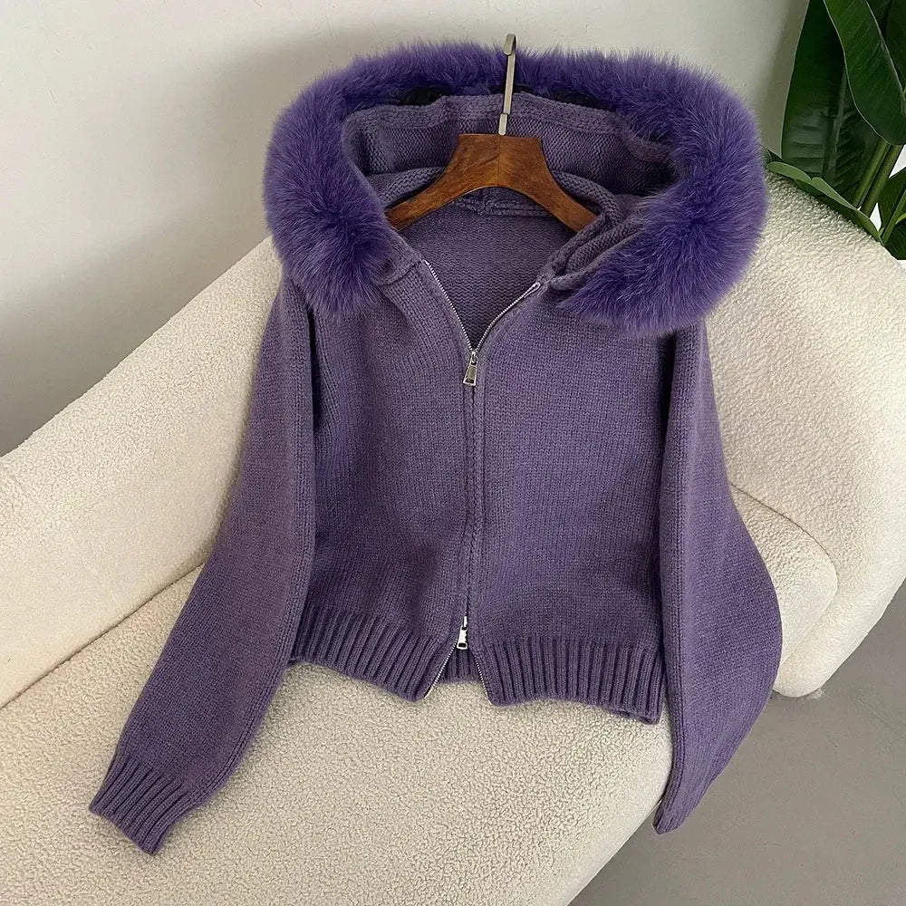 Hooded Real Fox Fur Collar Cardigan Natural Fur Coat for Women Casual Fashion Short Knitted Jacket 2024 Fashion Autumn Winter FZwear