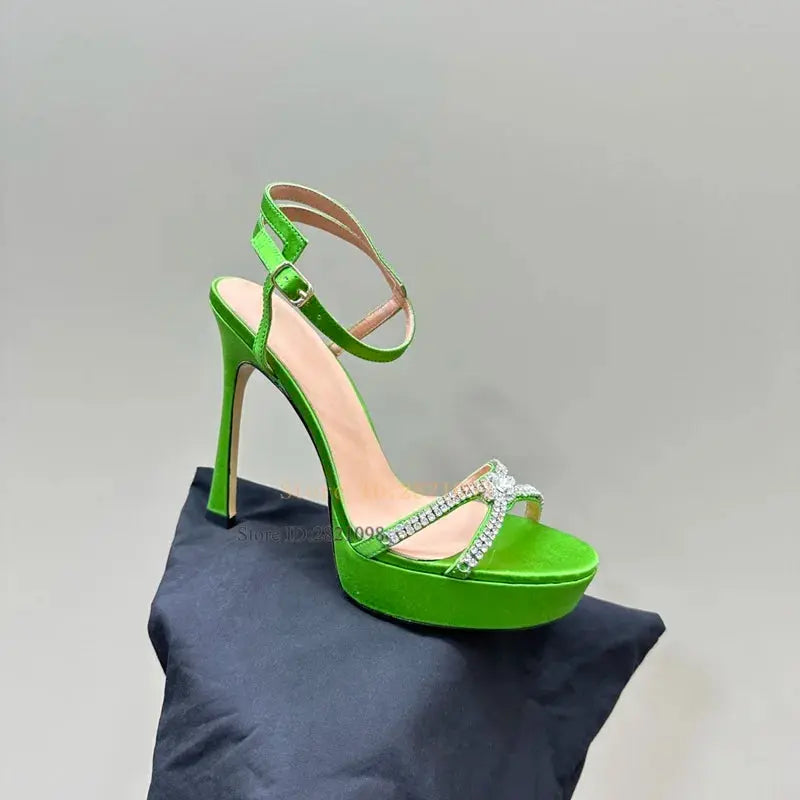 Hot Red Satin Leather Cross Straps Big Rhinestone Thin High Heel Platform Sandals Women Waterproof Summer Fashion Party Shoes FZwear