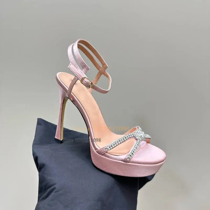 Hot Red Satin Leather Cross Straps Big Rhinestone Thin High Heel Platform Sandals Women Waterproof Summer Fashion Party Shoes FZwear