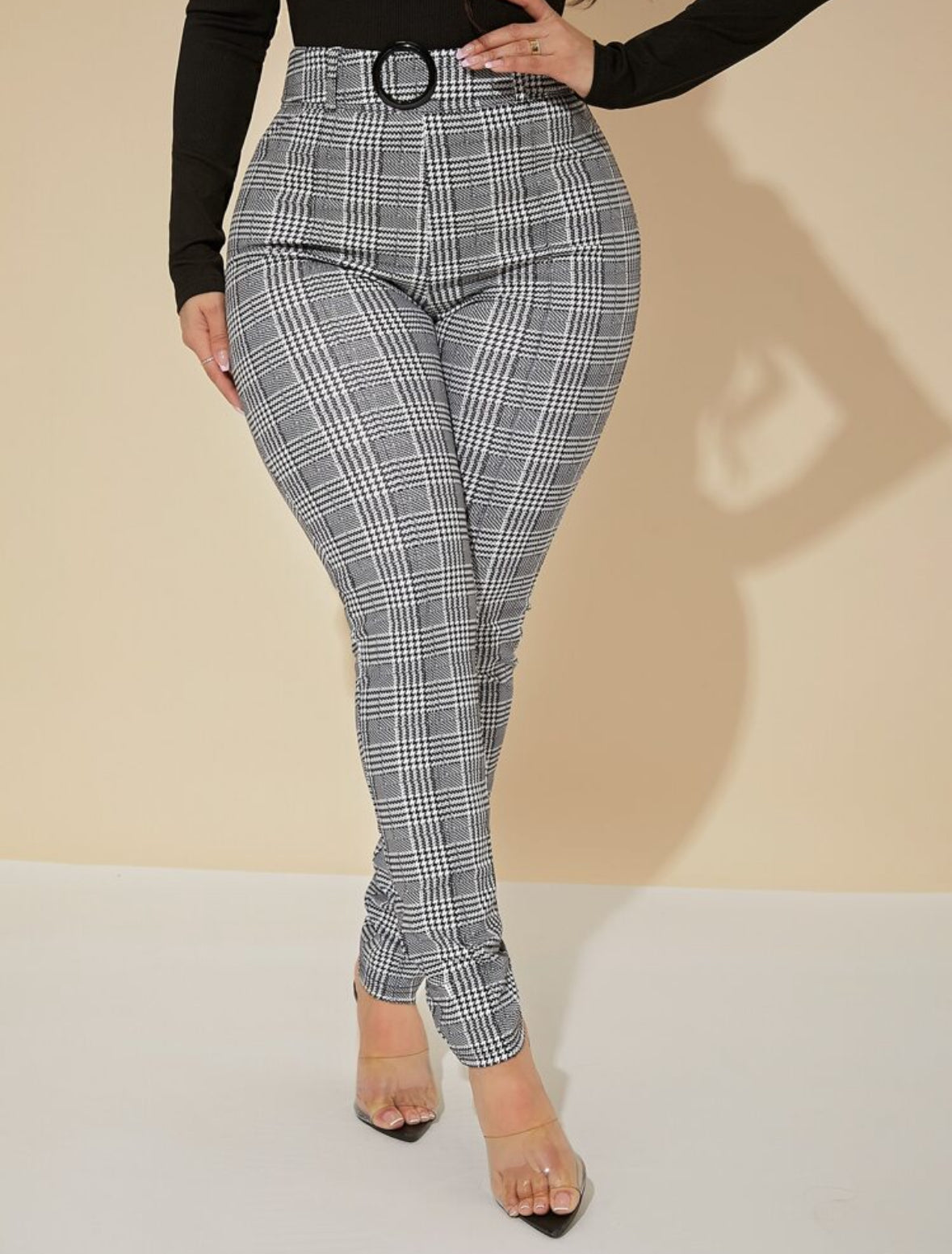 FZ Women's Plus Size Plaid Print Slim Fit Suit Pants