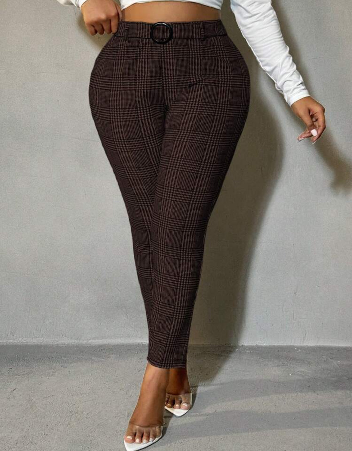 FZ Women's Plus Size Plaid Print Slim Fit Suit Pants