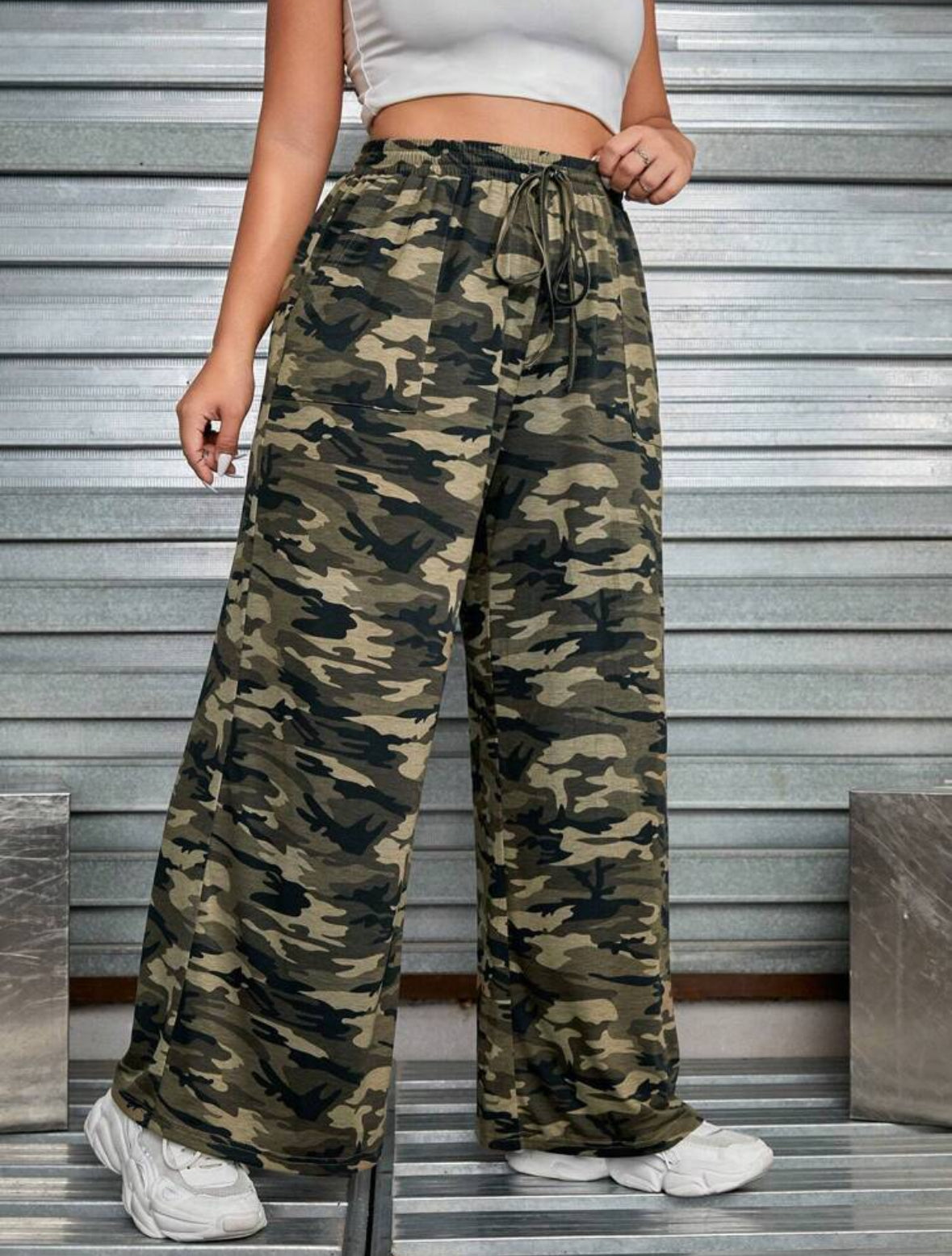 FZ Women's Plus Size Camo Print Drawstring Waist Wide Leg Pants