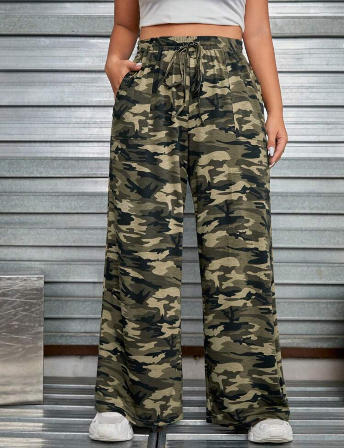 FZ Women's Plus Size Camo Print Drawstring Waist Wide Leg Pants