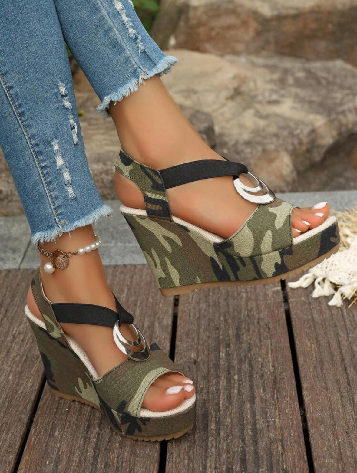 FZ Women's Platform Strap Minimalist Style High Heel Slip-On Wedge Shoes