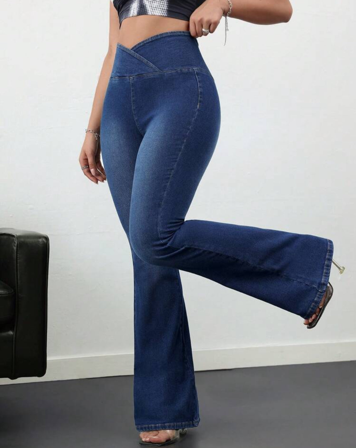 FZ Women's Casual Skinny Elastic Flared Cross High Waist Denim Pants