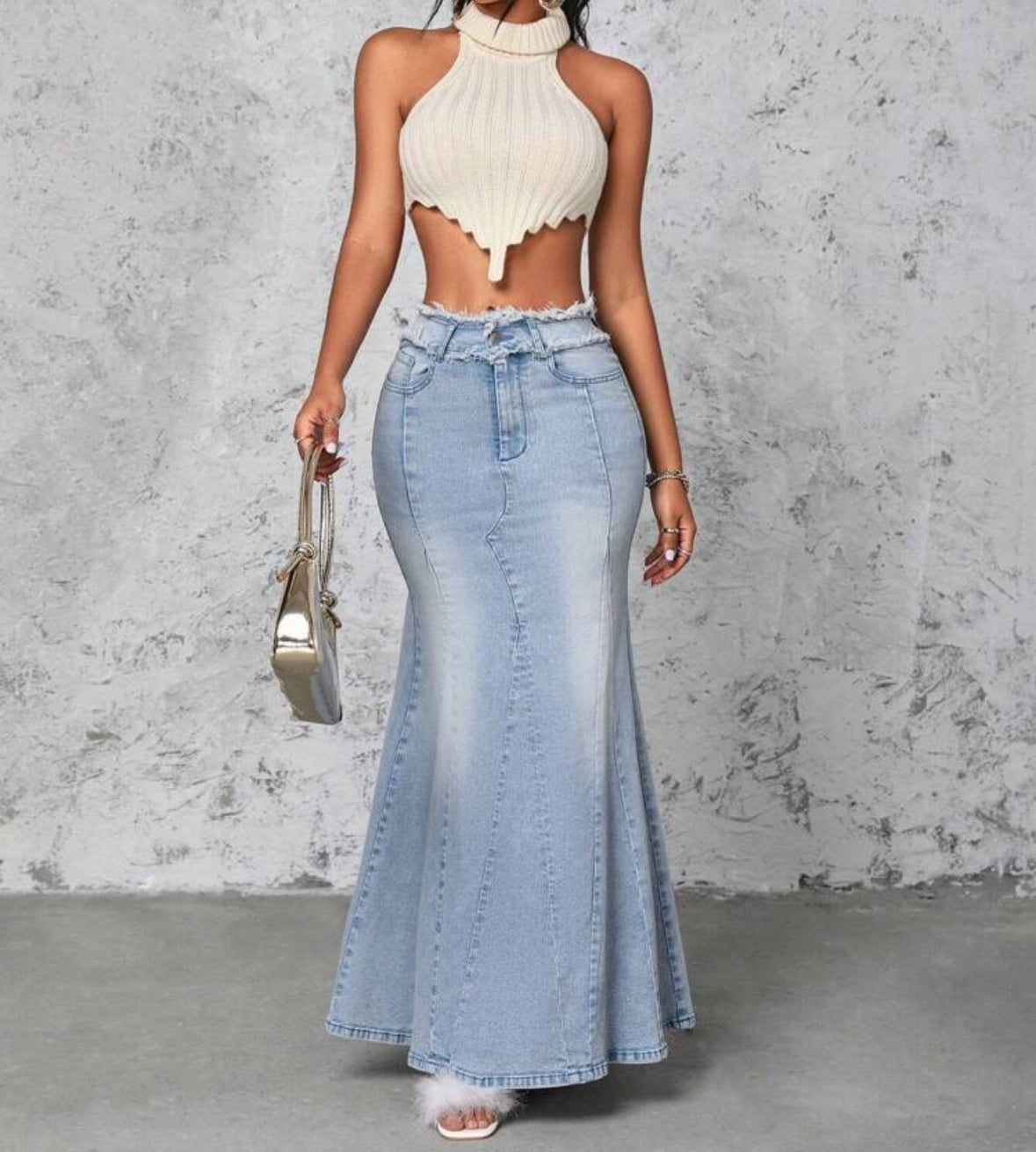 FZ Women's Frayed Hem Mermaid Denim Skirt