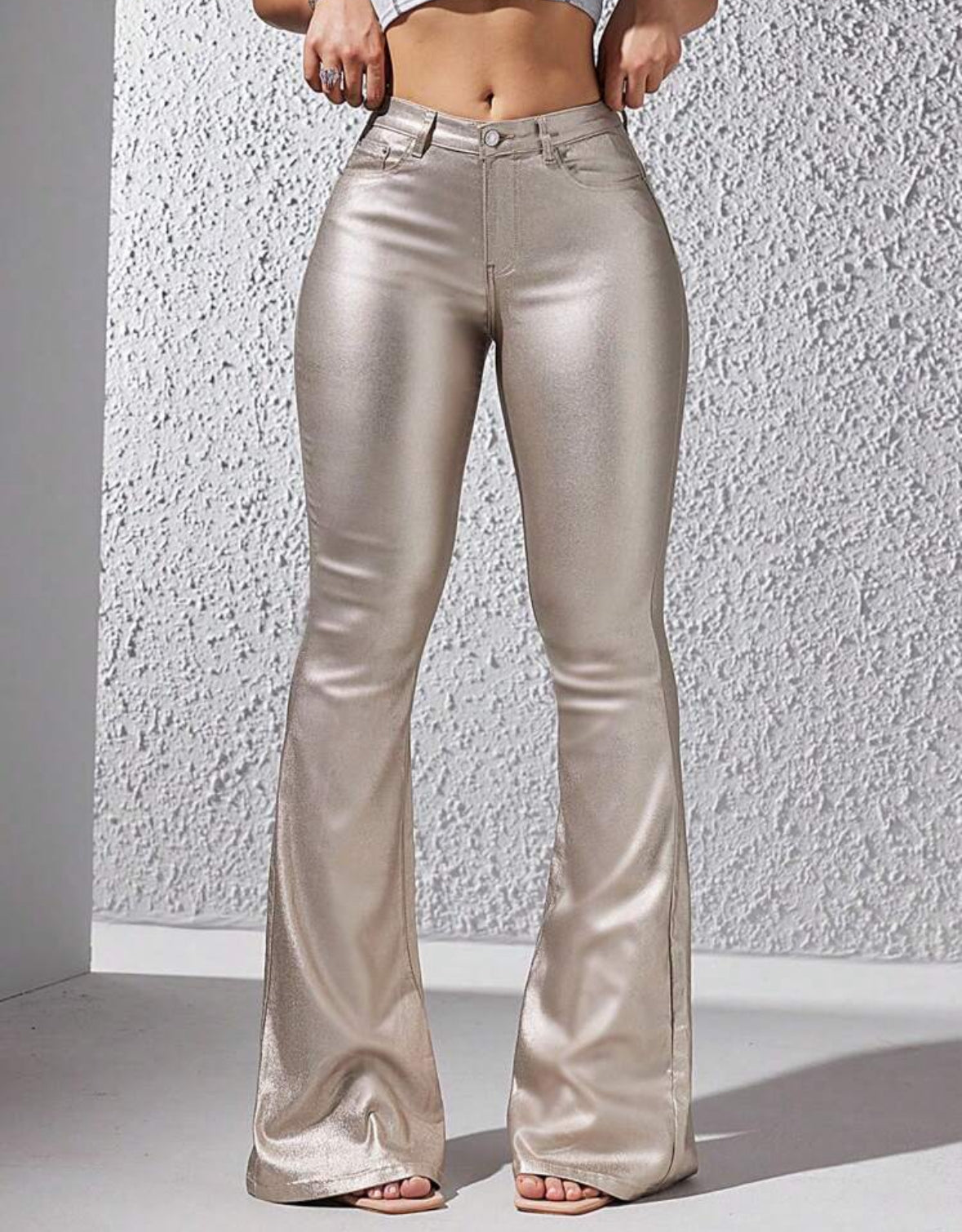 FZ Women's Fashionable Casual Solid Color Slim Fit PU Flared Pants