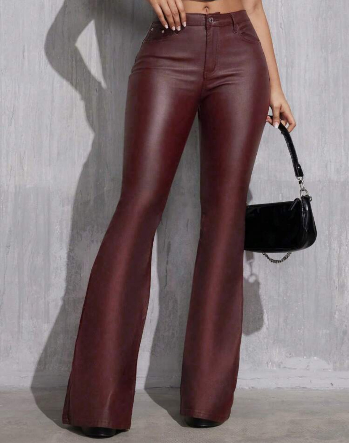 FZ Women's Fashionable Casual Solid Color Slim Fit PU Flared Pants