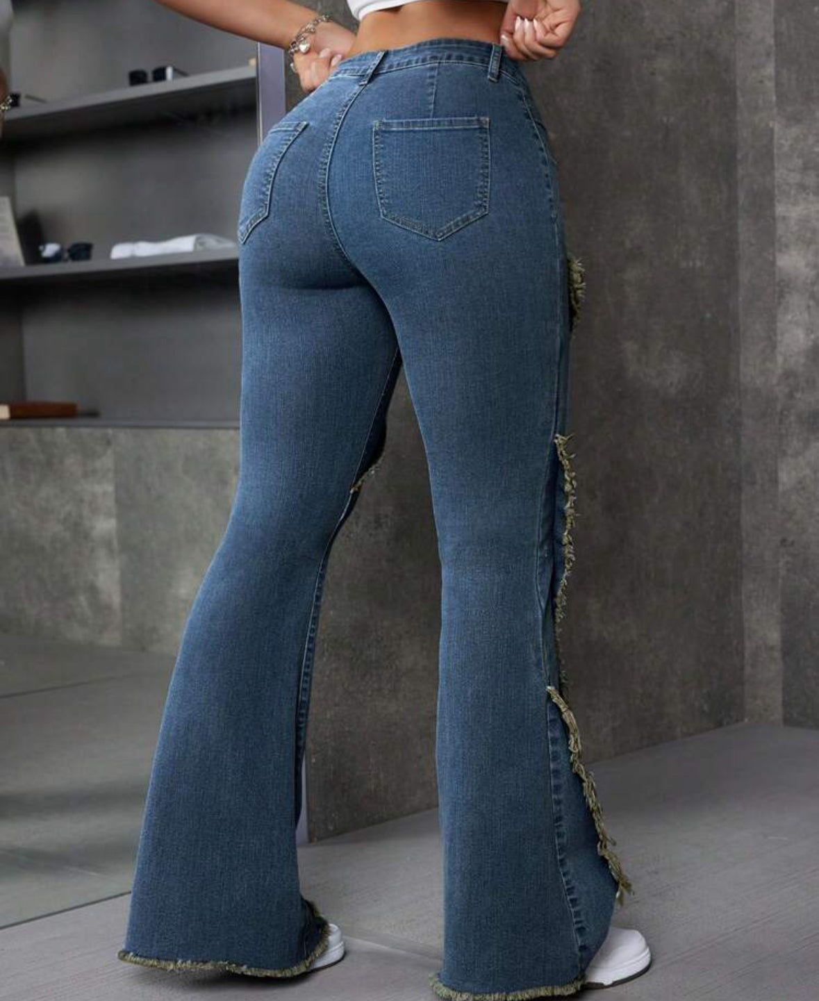 FZ Women's Patchwork Frayed Hem Flare Denim Pants