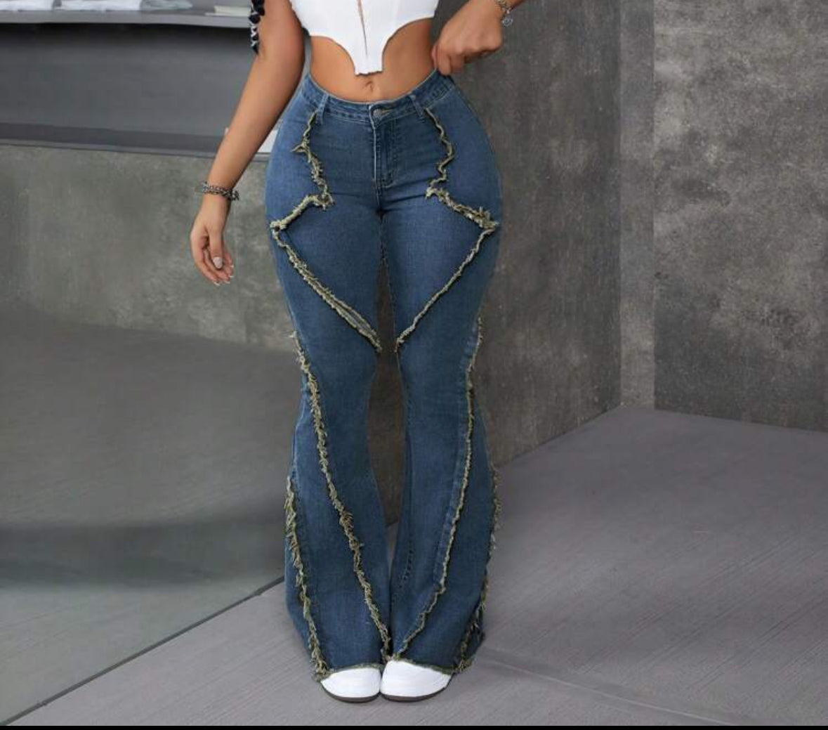 FZ Women's Patchwork Frayed Hem Flare Denim Pants