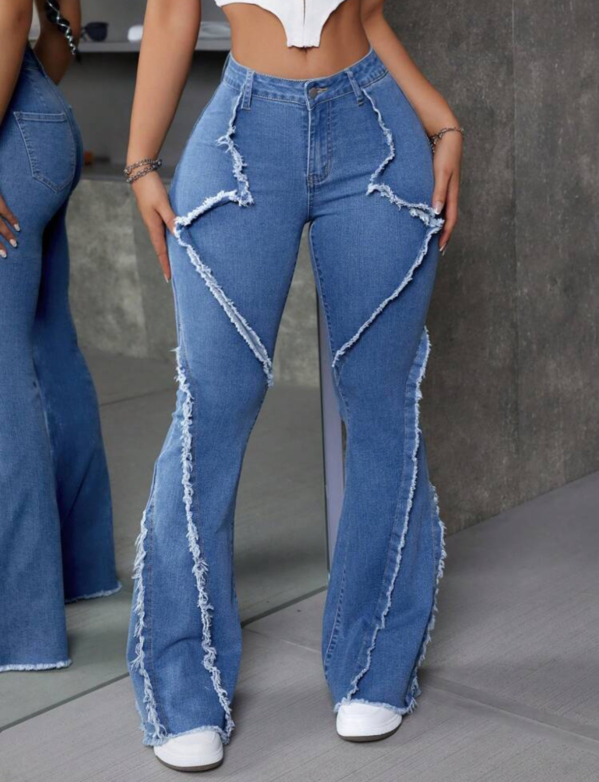 FZ Women's Patchwork Frayed Hem Flare Denim Pants