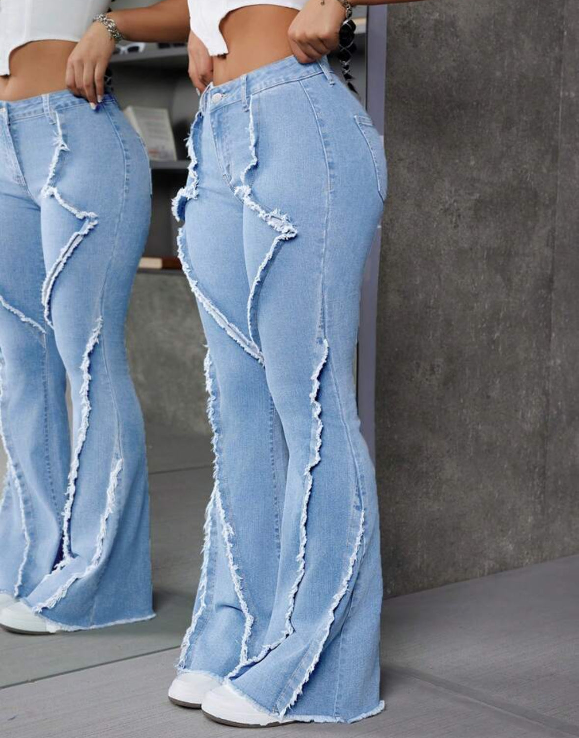 FZ Women's Patchwork Frayed Hem Flare Denim Pants