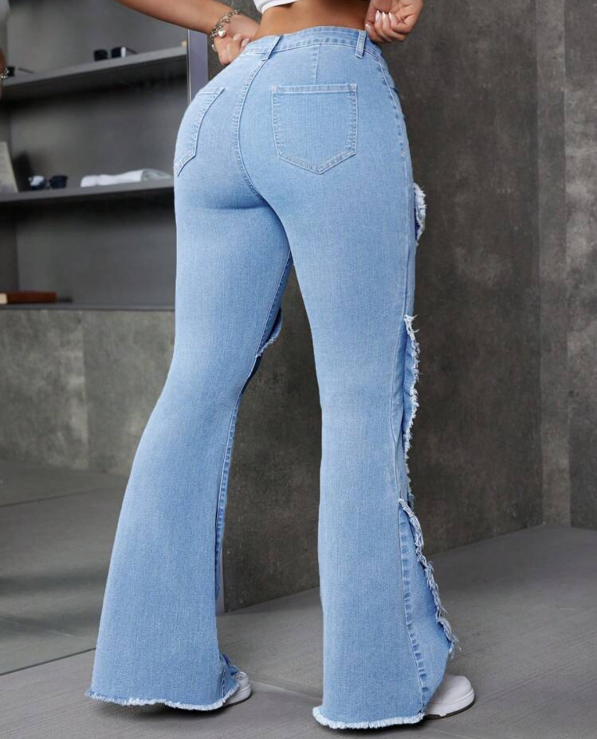 FZ Women's Patchwork Frayed Hem Flare Denim Pants