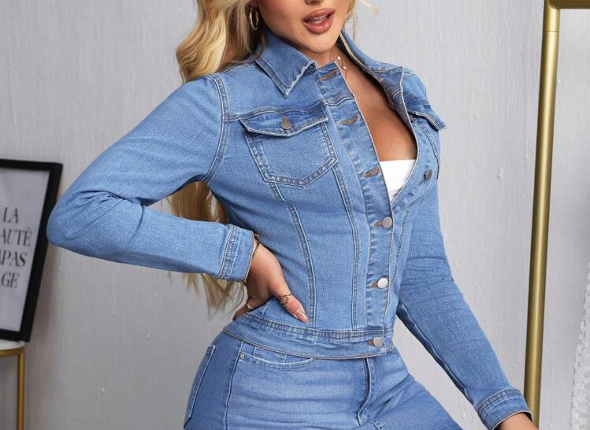 FZ Women's Solid Color Button Front Casual Long Sleeve Denim Jacket