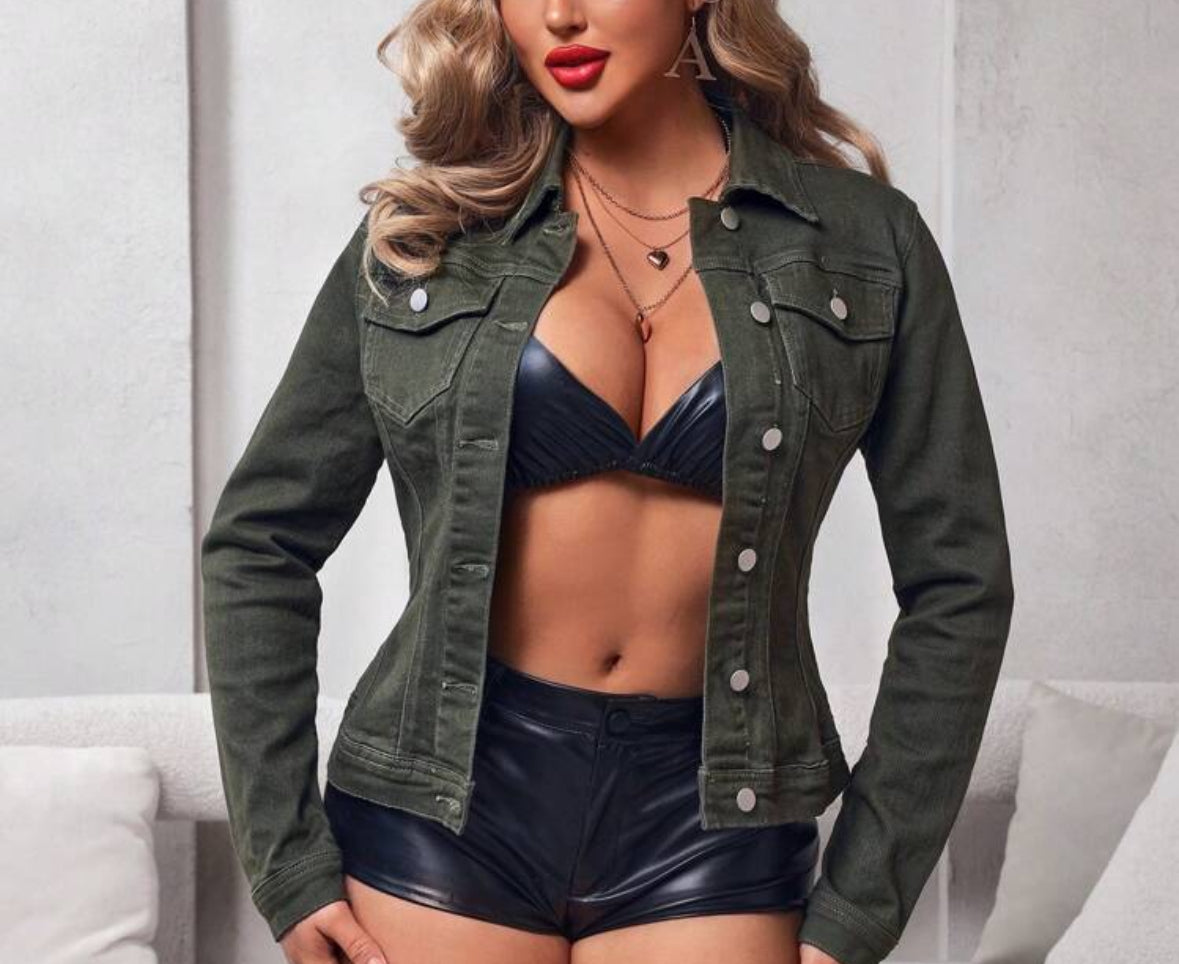 FZ Women's Solid Color Button Front Casual Long Sleeve Denim Jacket