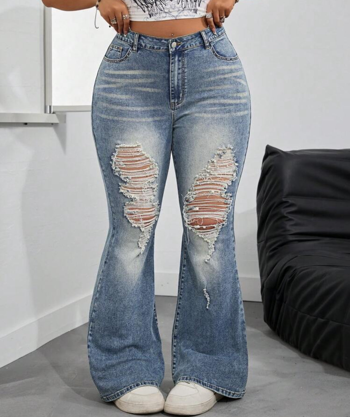 FZ Women's Plus Size Contrast Color Ripped Casual Flared Leg Denim Pants
