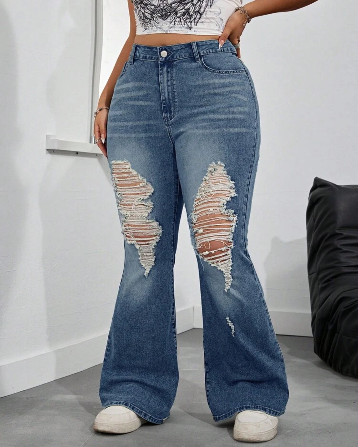 FZ Women's Plus Size Contrast Color Ripped Casual Flared Leg Denim Pants