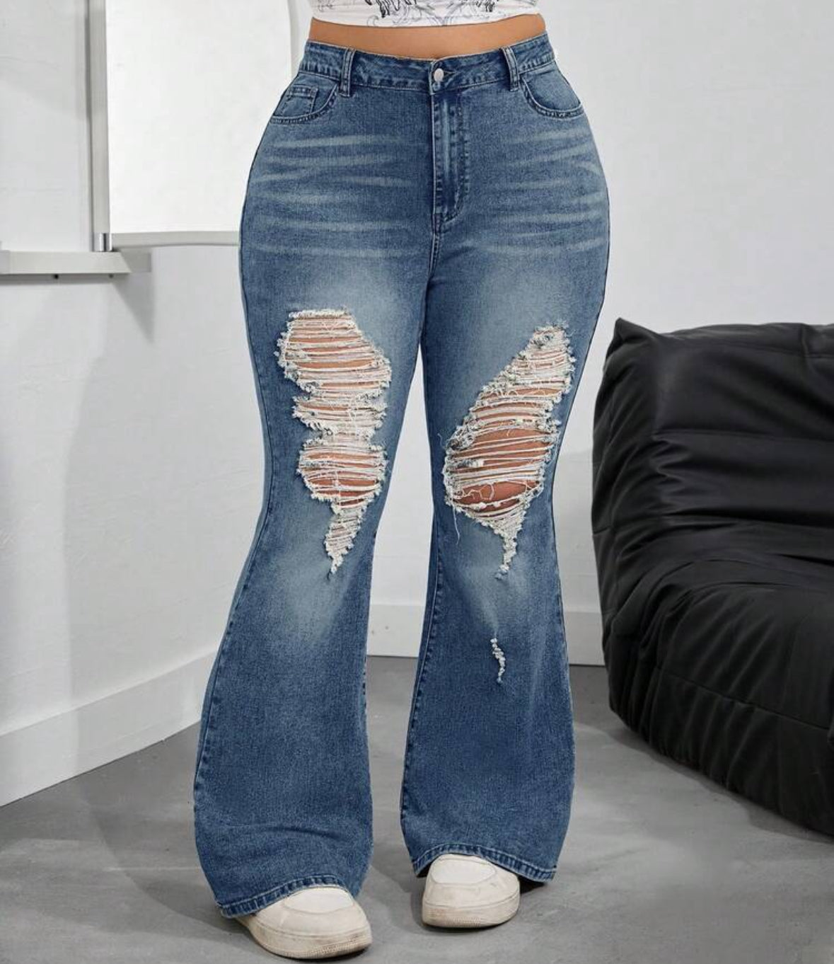 FZ Women's Plus Size Contrast Color Ripped Casual Flared Leg Denim Pants