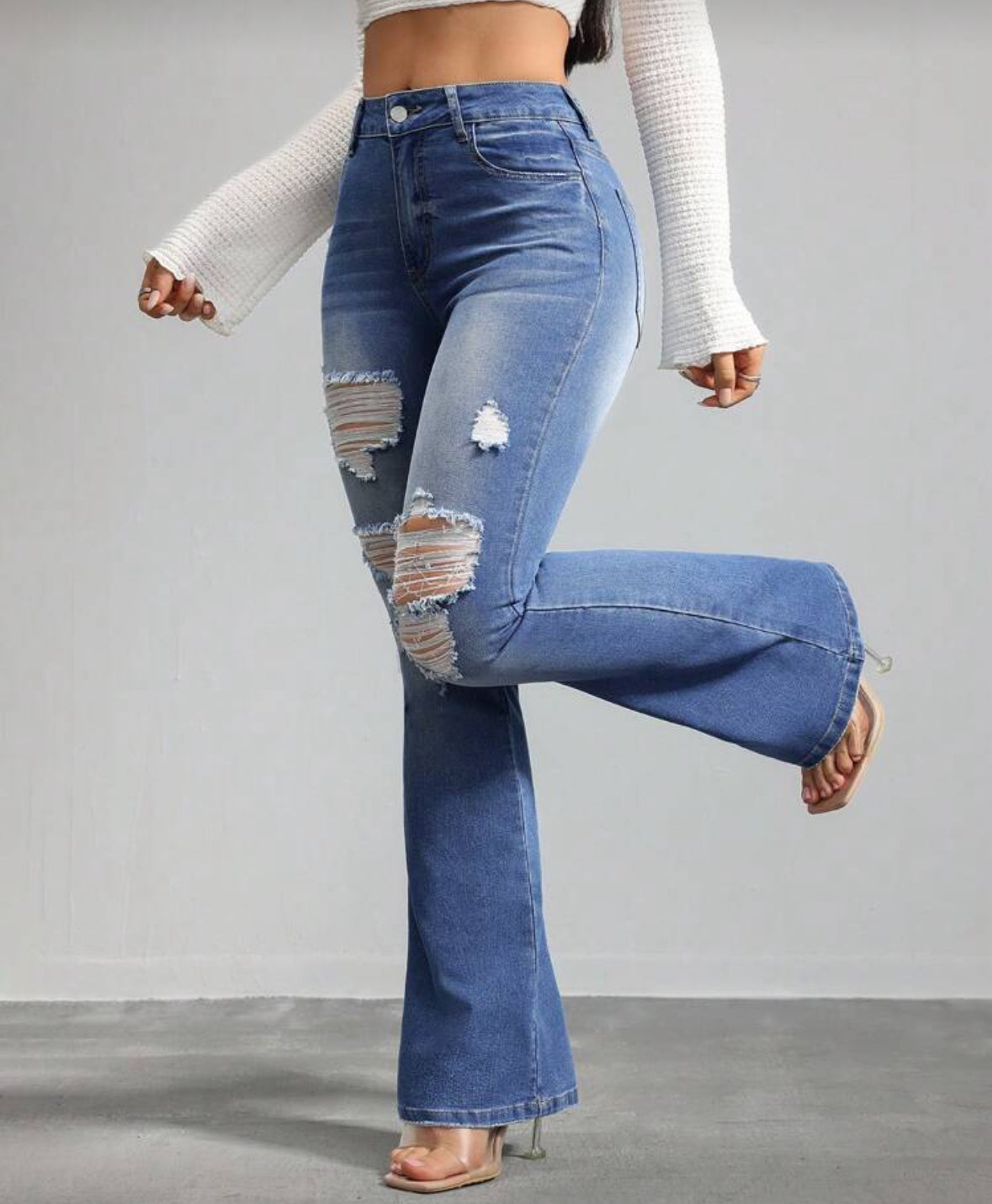 FZ Women's Skinny Elastic Ripped Flared High Waist Skinny Denim Pants