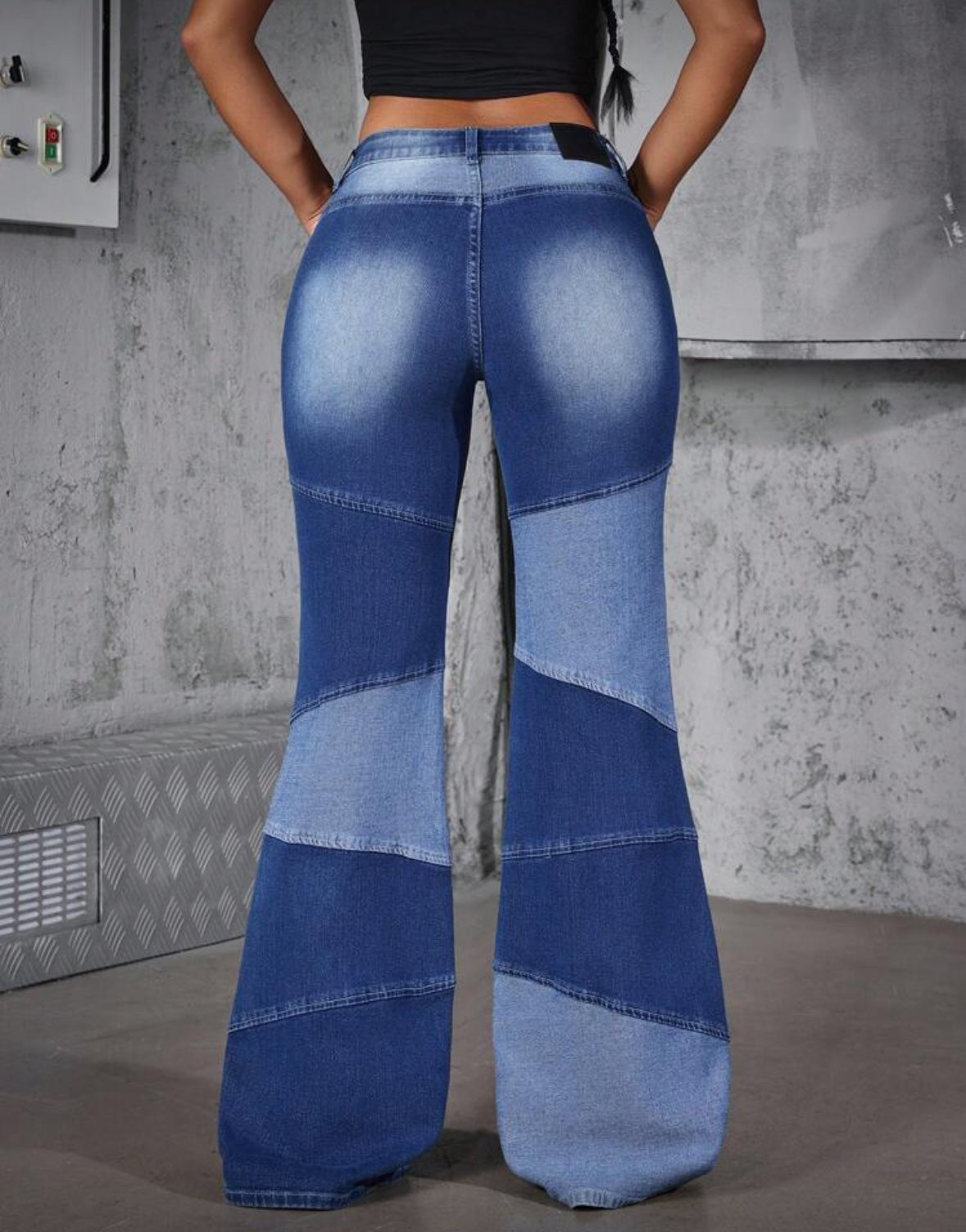 FZ Women's Color Block Low-Rise Fitted Flared Leg Denim Pants