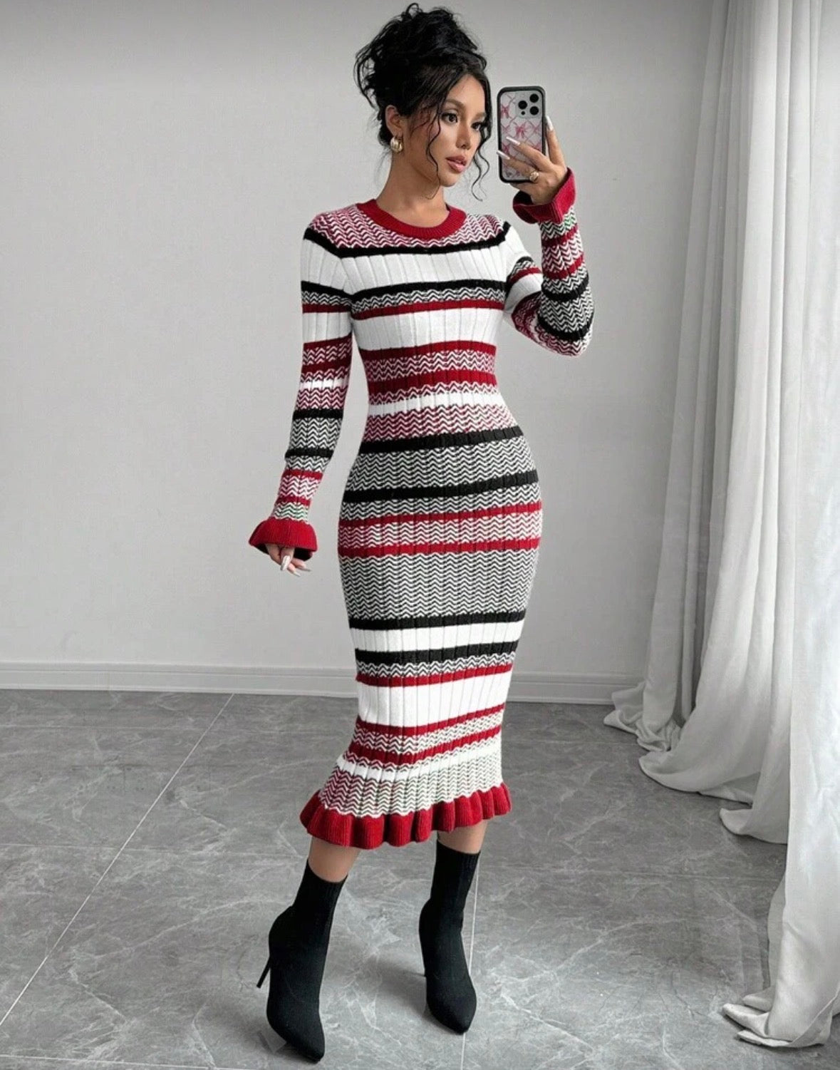 FZ Women's Striped Pattern Round Neck Fitted Long Sleeve Sweater Dress