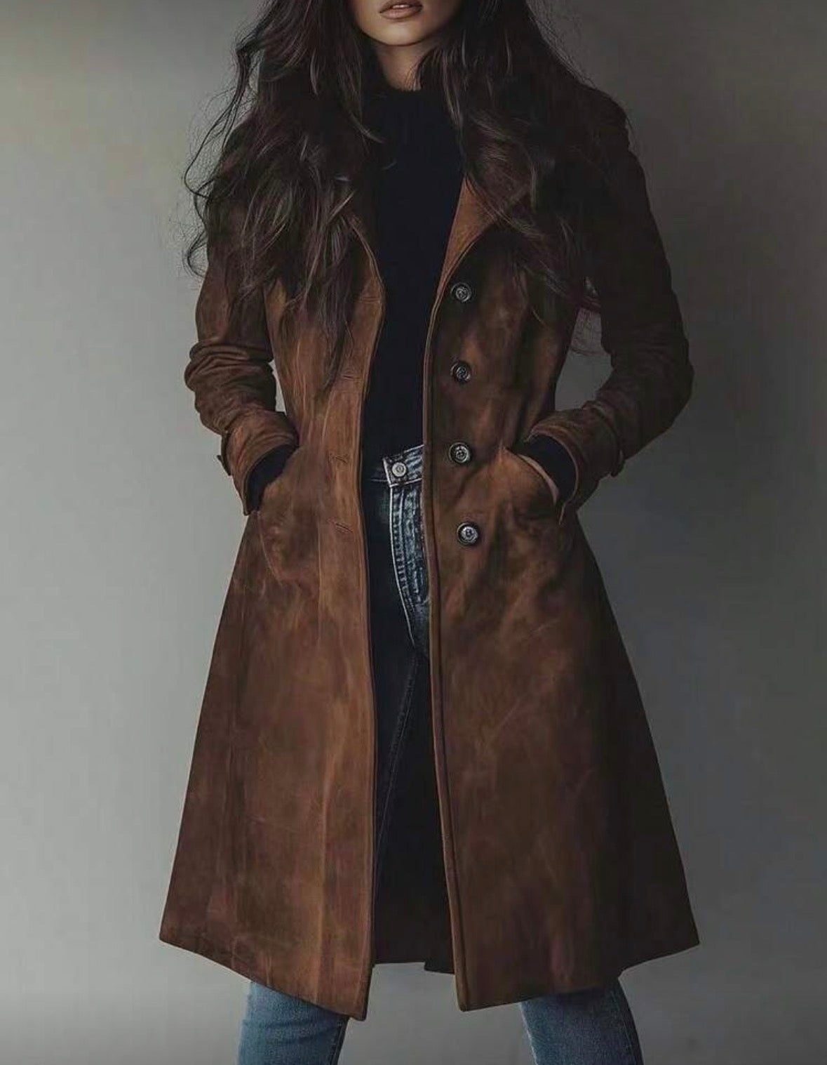 FZ Women's Lapel Imitation Suede Velvet Long Trench Coat Jacket