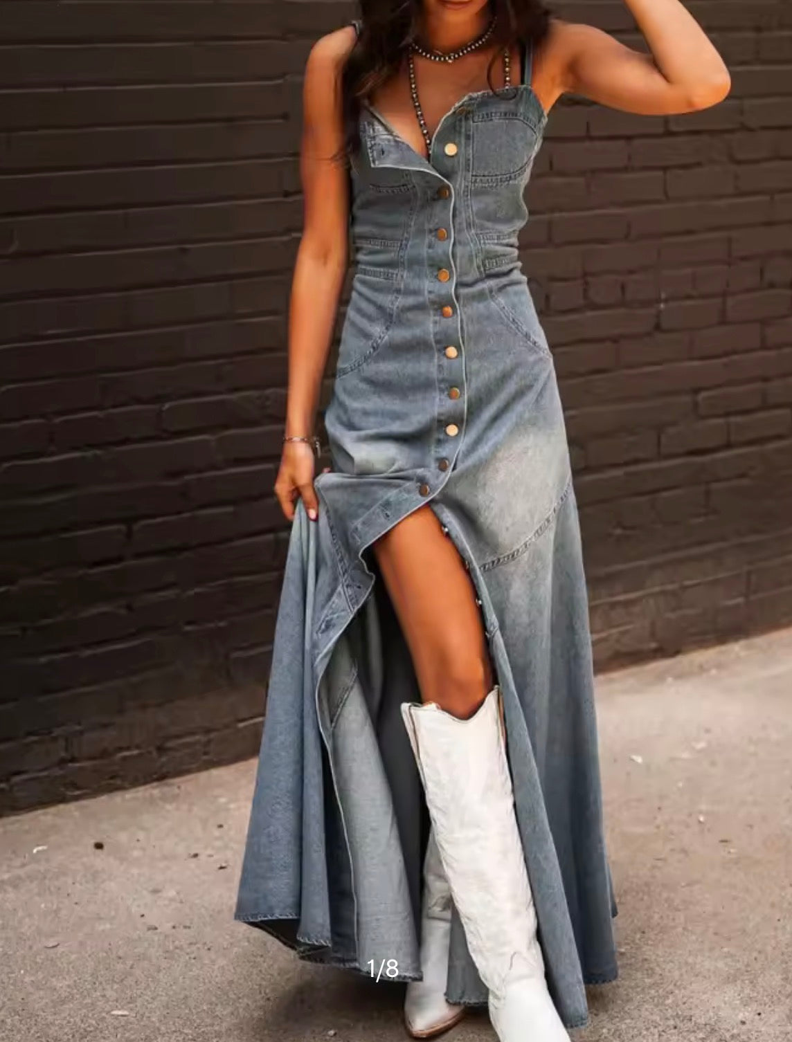 FZ Women's Retro Wash Halter Slim Single-breasted Big Swing Denim Dress