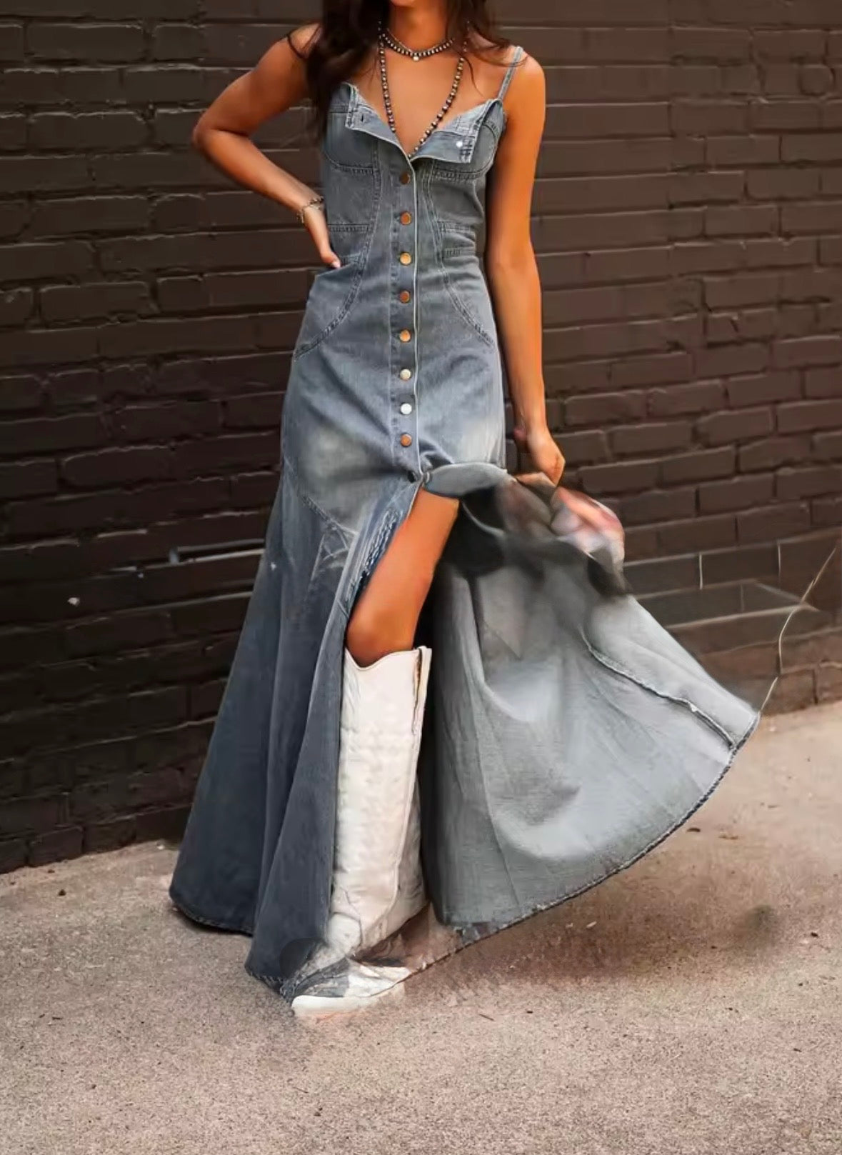 FZ Women's Retro Wash Halter Slim Single-breasted Big Swing Denim Dress