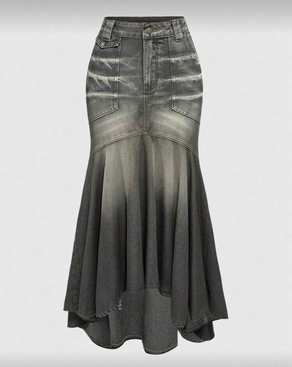 FZ Women's Vintage Y2K Distressed Wash Fish Tail Maxi Denim Skirt