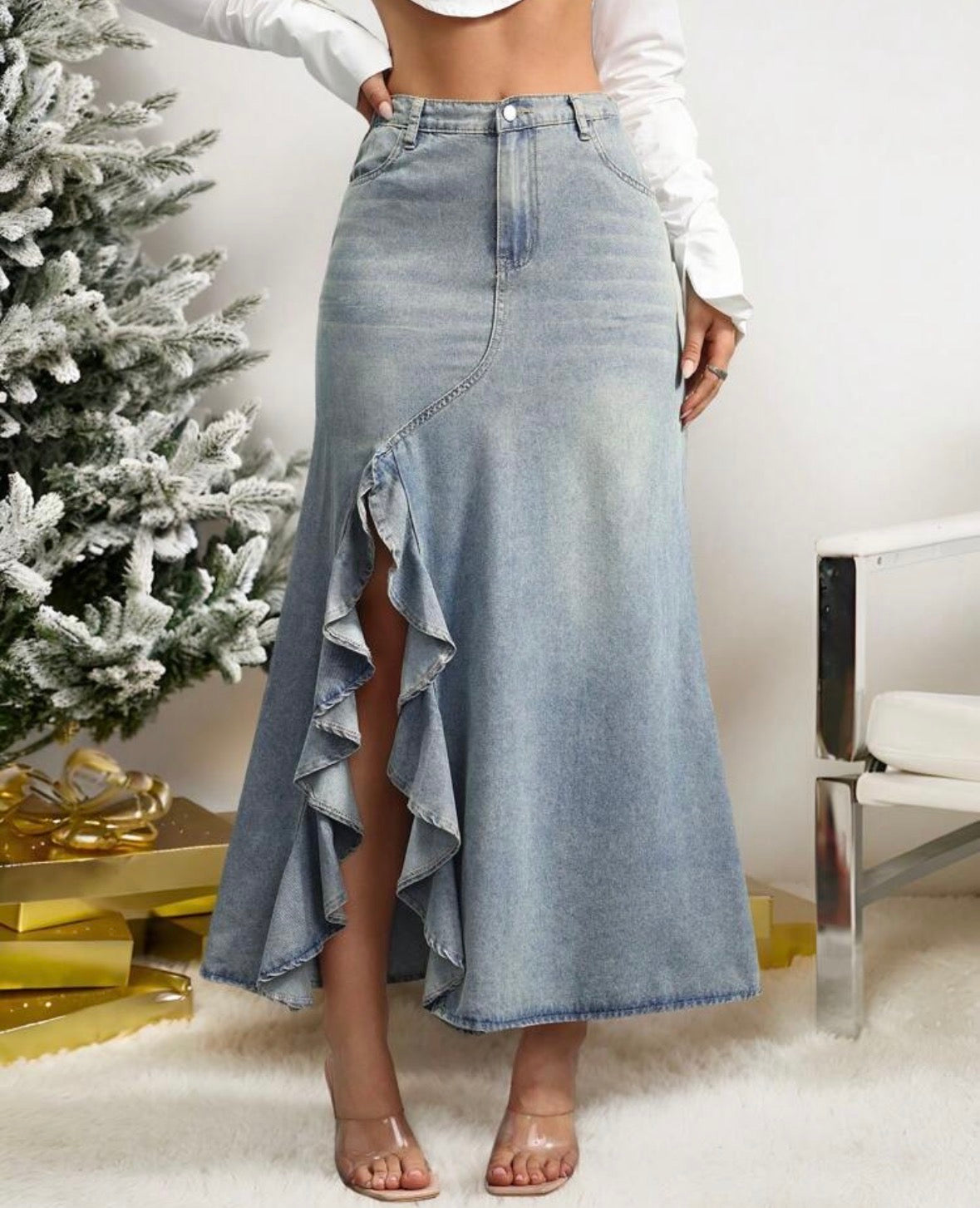 FZ Women's Ruffle Split Thigh Denim Skirt