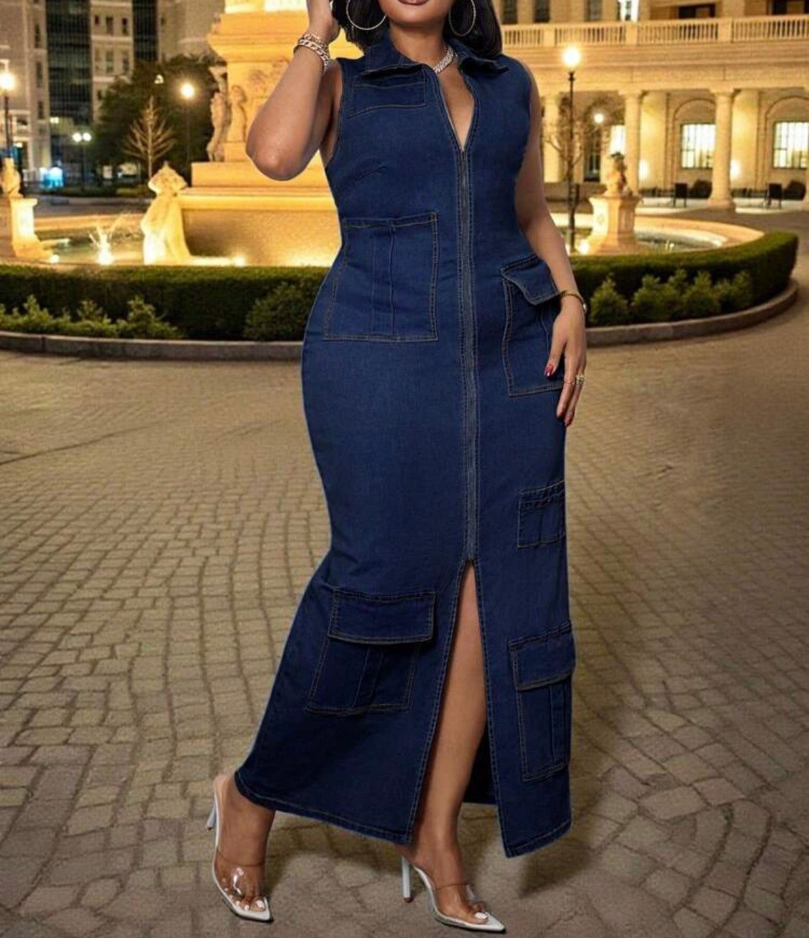 FZ Women's Plus Size Bohemian Elastic Sleeveless With Pockets Denim Dress