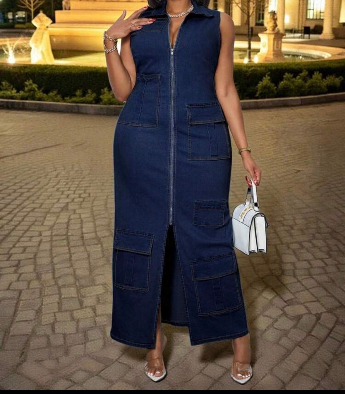 FZ Women's Plus Size Bohemian Elastic Sleeveless With Pockets Denim Dress