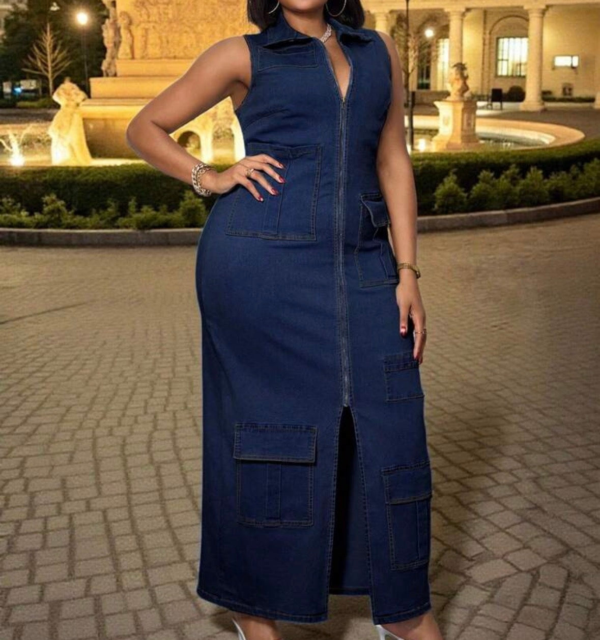 FZ Women's Plus Size Bohemian Elastic Sleeveless With Pockets Denim Dress