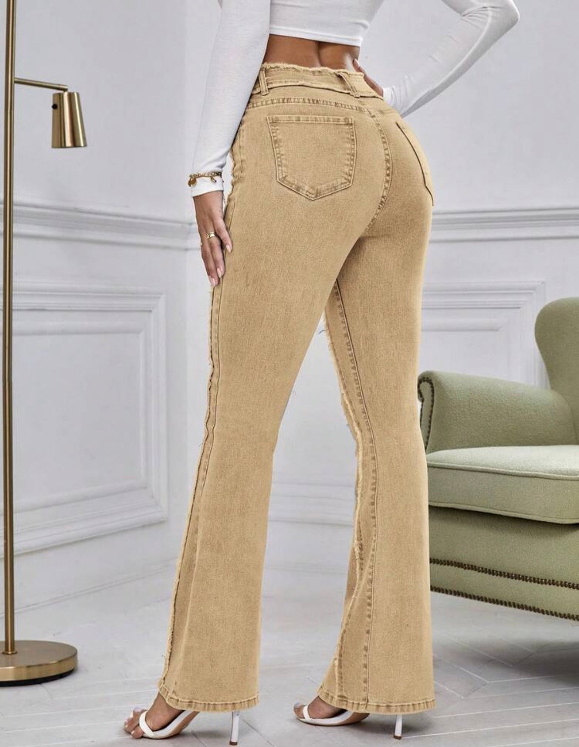 FZ Women's Pocket Button Frayed Hem Casual Versatile Daily Wear Flare Denim Pants