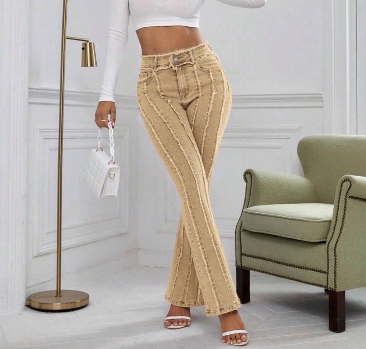 FZ Women's Pocket Button Frayed Hem Casual Versatile Daily Wear Flare Denim Pants