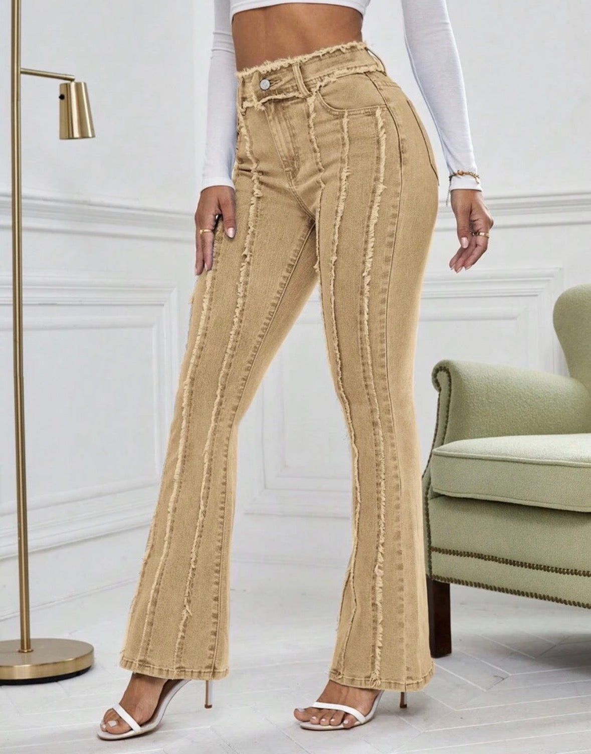 FZ Women's Pocket Button Frayed Hem Casual Versatile Daily Wear Flare Denim Pants