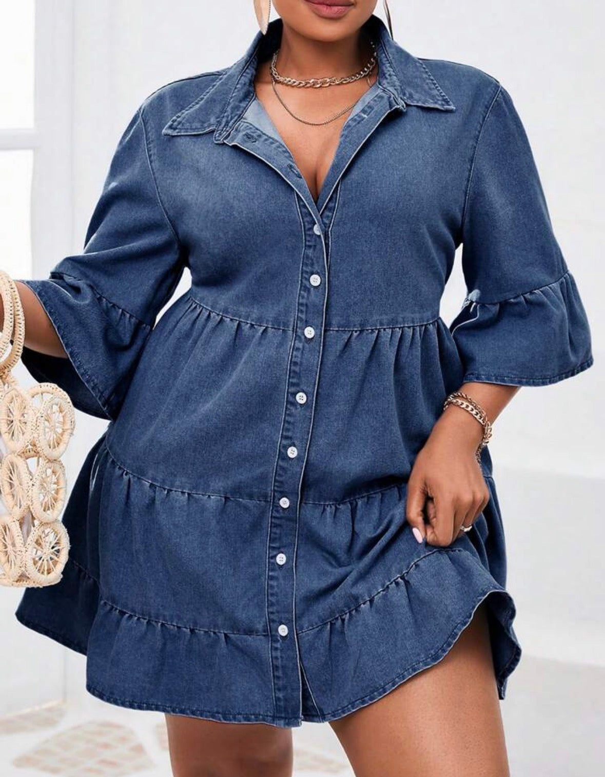 FZ Women's Plus Size Single-Breasted Flounce Sleeve & Hem Denim Dress