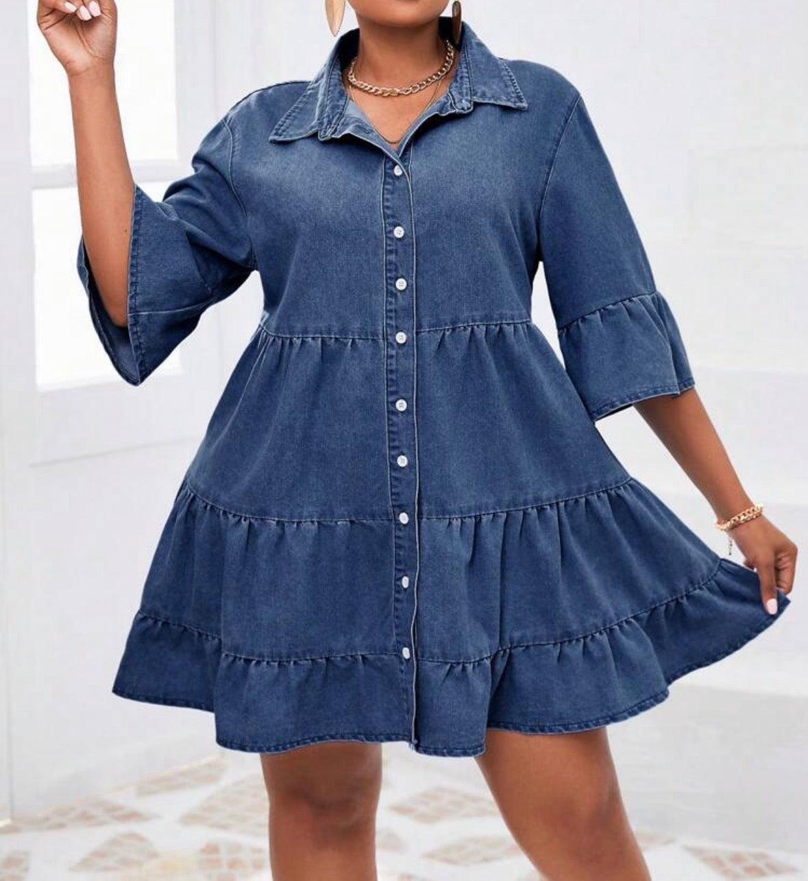FZ Women's Plus Size Single-Breasted Flounce Sleeve & Hem Denim Dress
