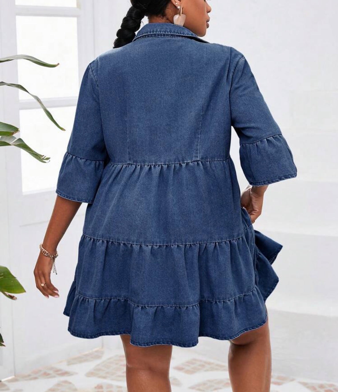 FZ Women's Plus Size Single-Breasted Flounce Sleeve & Hem Loose Denim Dress