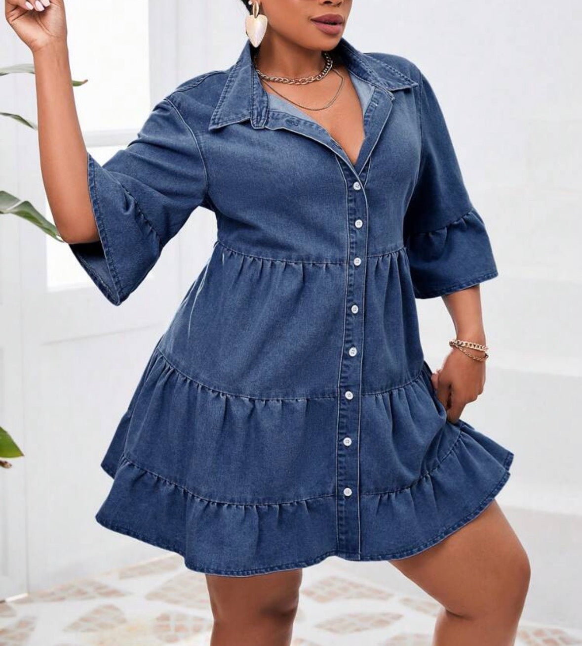 FZ Women's Plus Size Single-Breasted Flounce Sleeve & Hem Loose Denim Dress