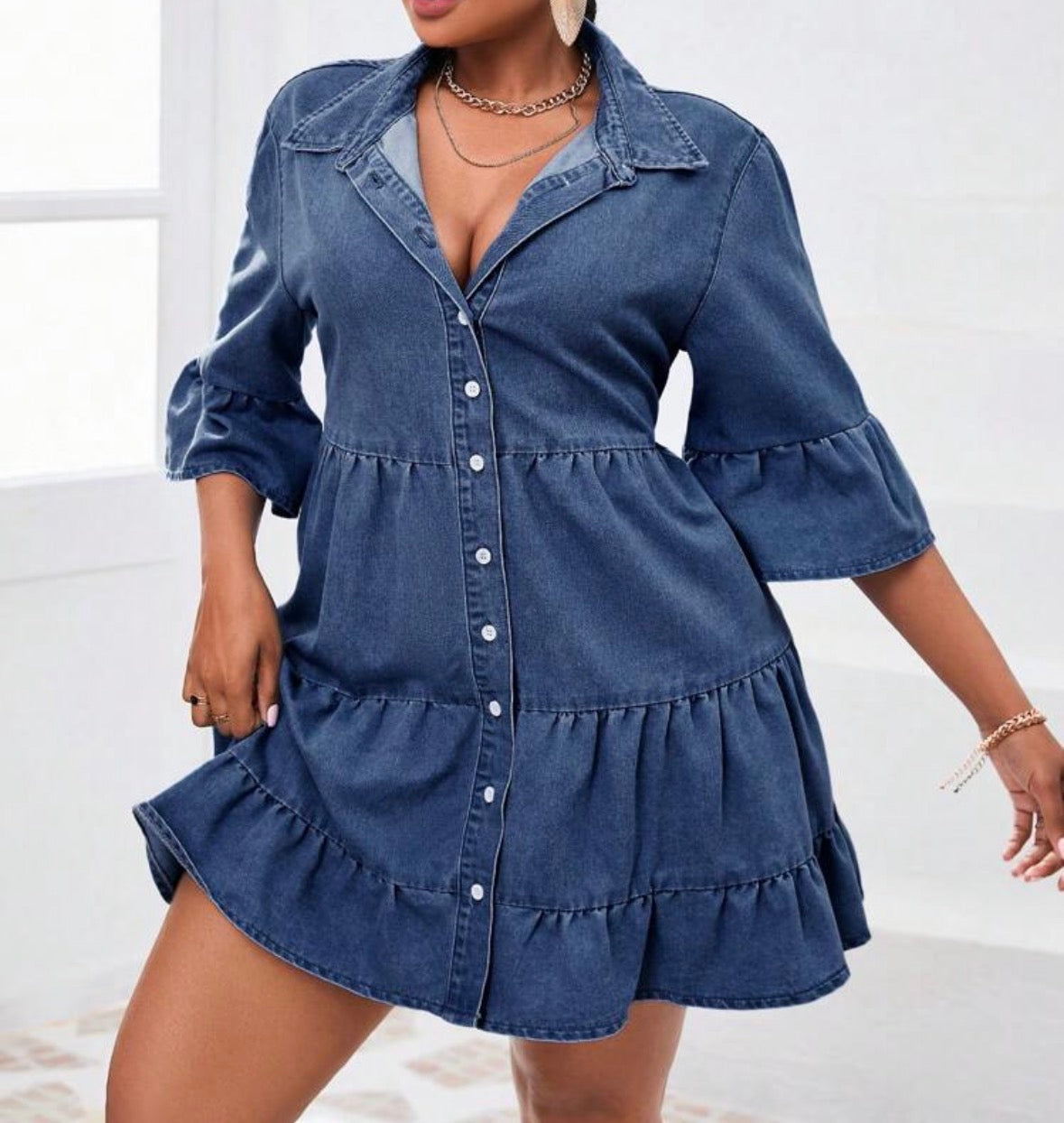 FZ Women's Plus Size Single-Breasted Flounce Sleeve & Hem Loose Denim Dress