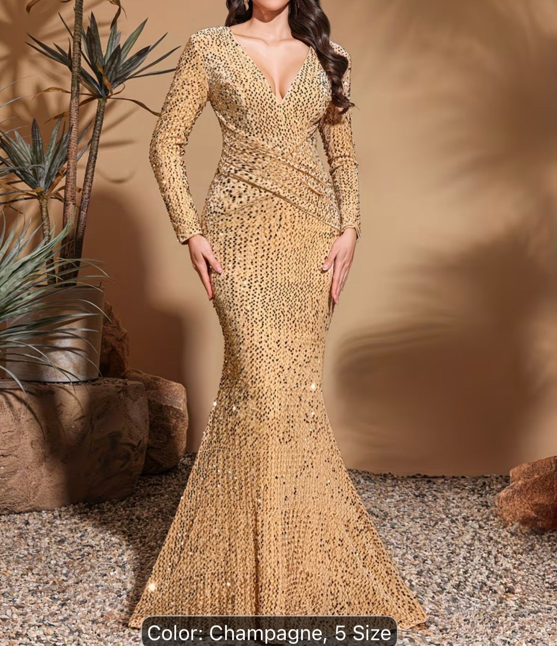 FZ Women's Long-sleeve V-neck Mermaid Evening Dress