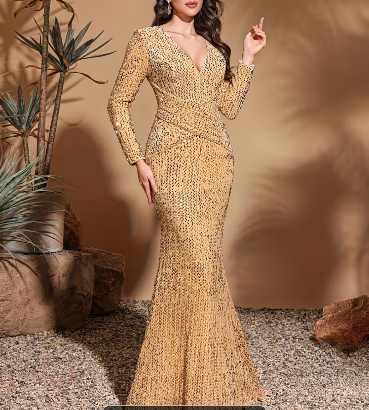FZ Women's Long-sleeve V-neck Mermaid Evening Dress